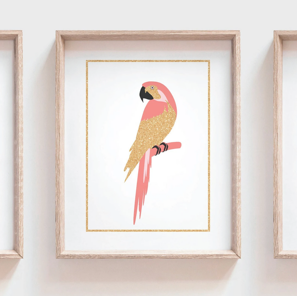Coral flamingo girl art, flamingo gift for girl, tropical nursery theme decor, coral gold nursery art, flamingo pineapple art print set of 3