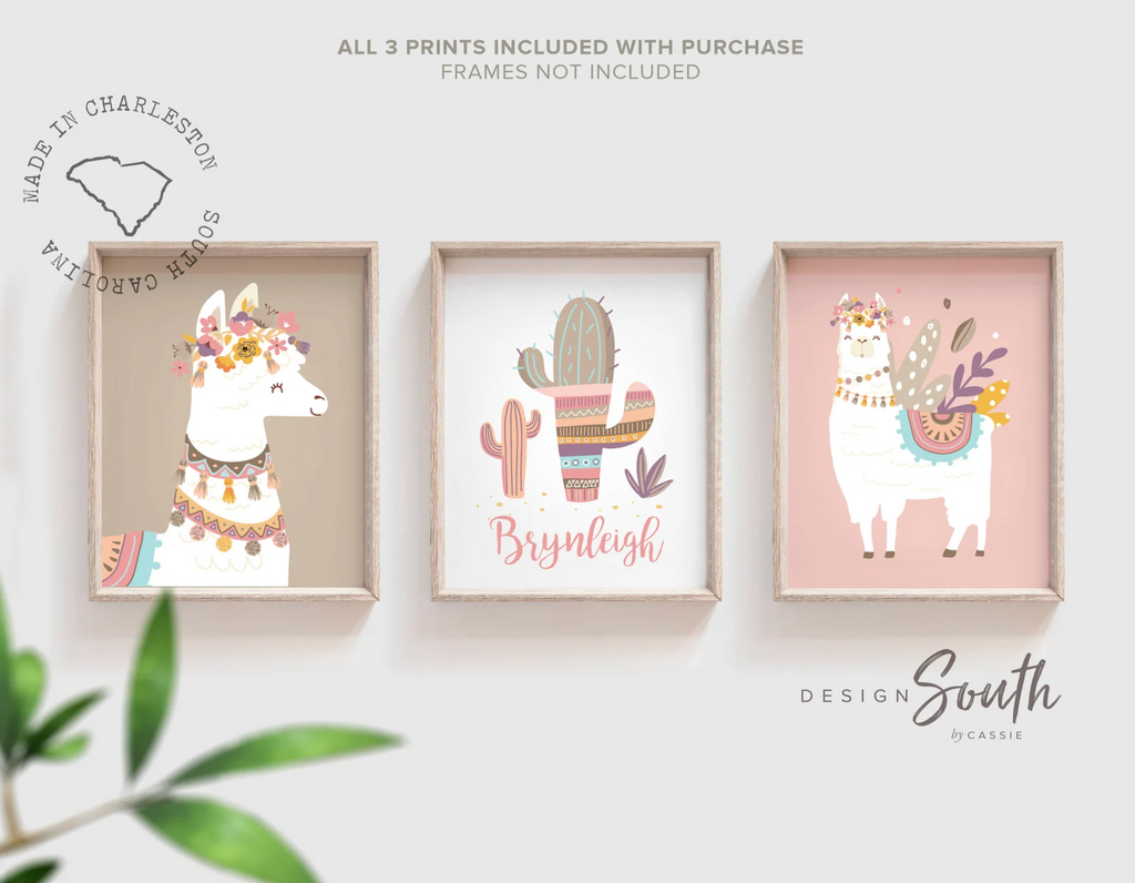 Soft muted pink and green tones nursery art, floral llama pale pinks, baby alpaca decor mauve, crown animal llama pictures print set, bedroom girl's name