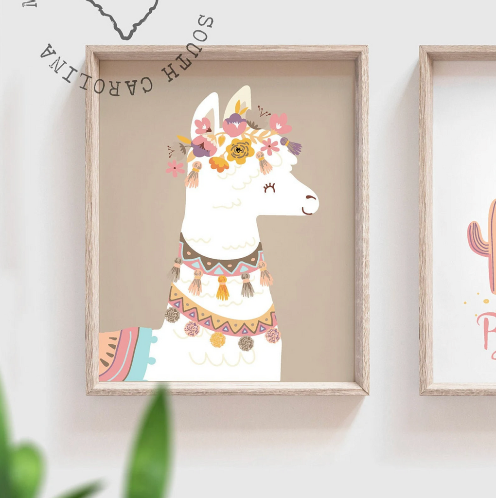 Soft muted pink and green tones nursery art, floral llama pale pinks, baby alpaca decor mauve, crown animal llama pictures print set, bedroom girl's name