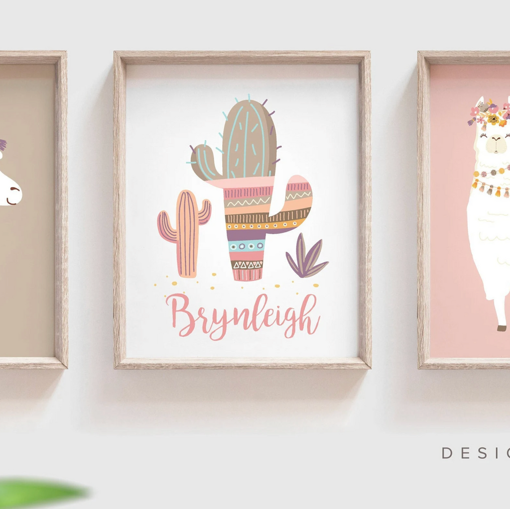 Soft muted pink and green tones nursery art, floral llama pale pinks, baby alpaca decor mauve, crown animal llama pictures print set, bedroom girl's name