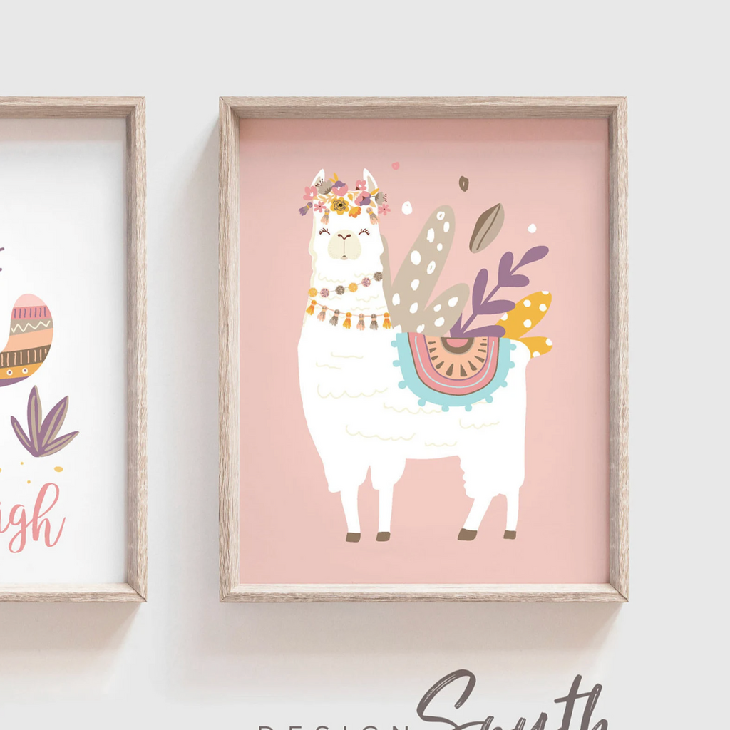 Soft muted pink and green tones nursery art, floral llama pale pinks, baby alpaca decor mauve, crown animal llama pictures print set, bedroom girl's name