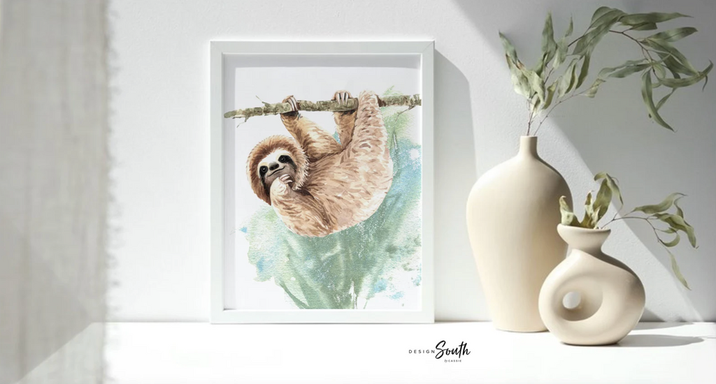 Boy bedroom or nursery gift sloth wall art, sloth themed room personalized name, boys nature animal bedroom art prints, sloth boy decor, wall art child decor