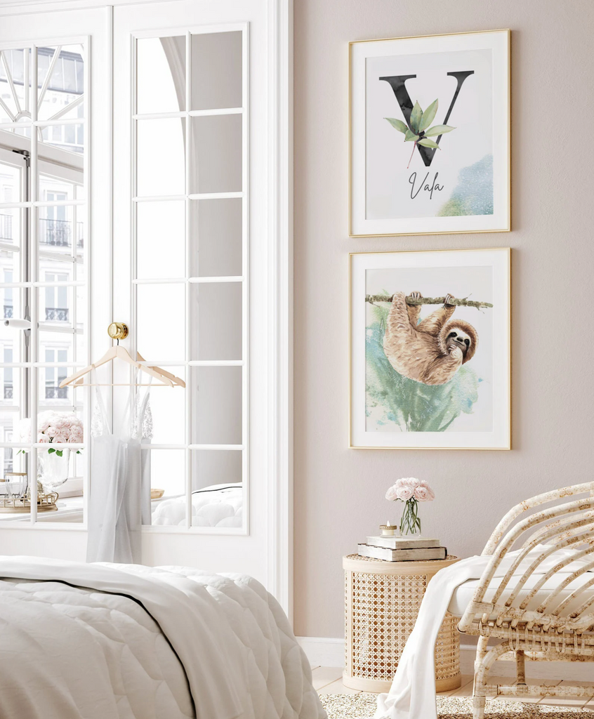 Boy bedroom or nursery gift sloth wall art, sloth themed room personalized name, boys nature animal bedroom art prints, sloth boy decor, wall art child decor