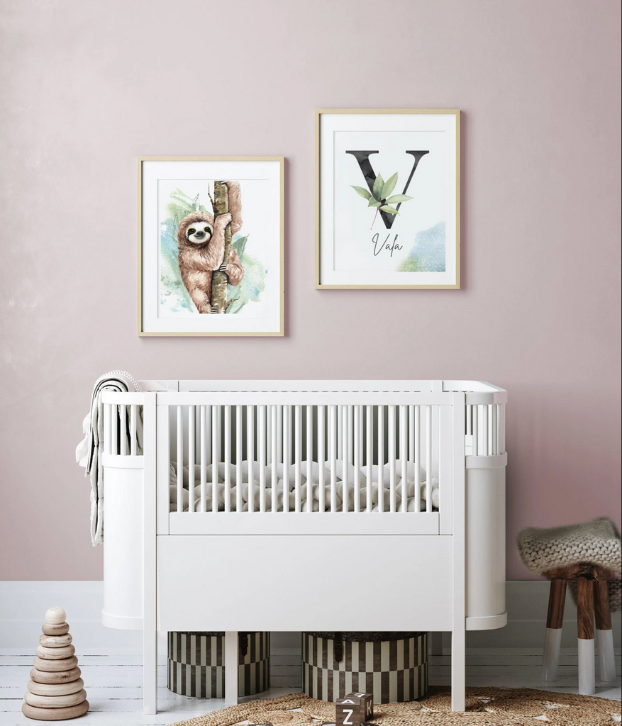 Boy bedroom or nursery gift sloth wall art, sloth themed room personalized name, boys nature animal bedroom art prints, sloth boy decor, wall art child decor