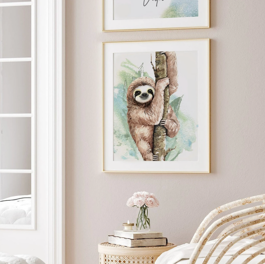 Boy bedroom or nursery gift sloth wall art, sloth themed room personalized name, boys nature animal bedroom art prints, sloth boy decor, wall art child decor