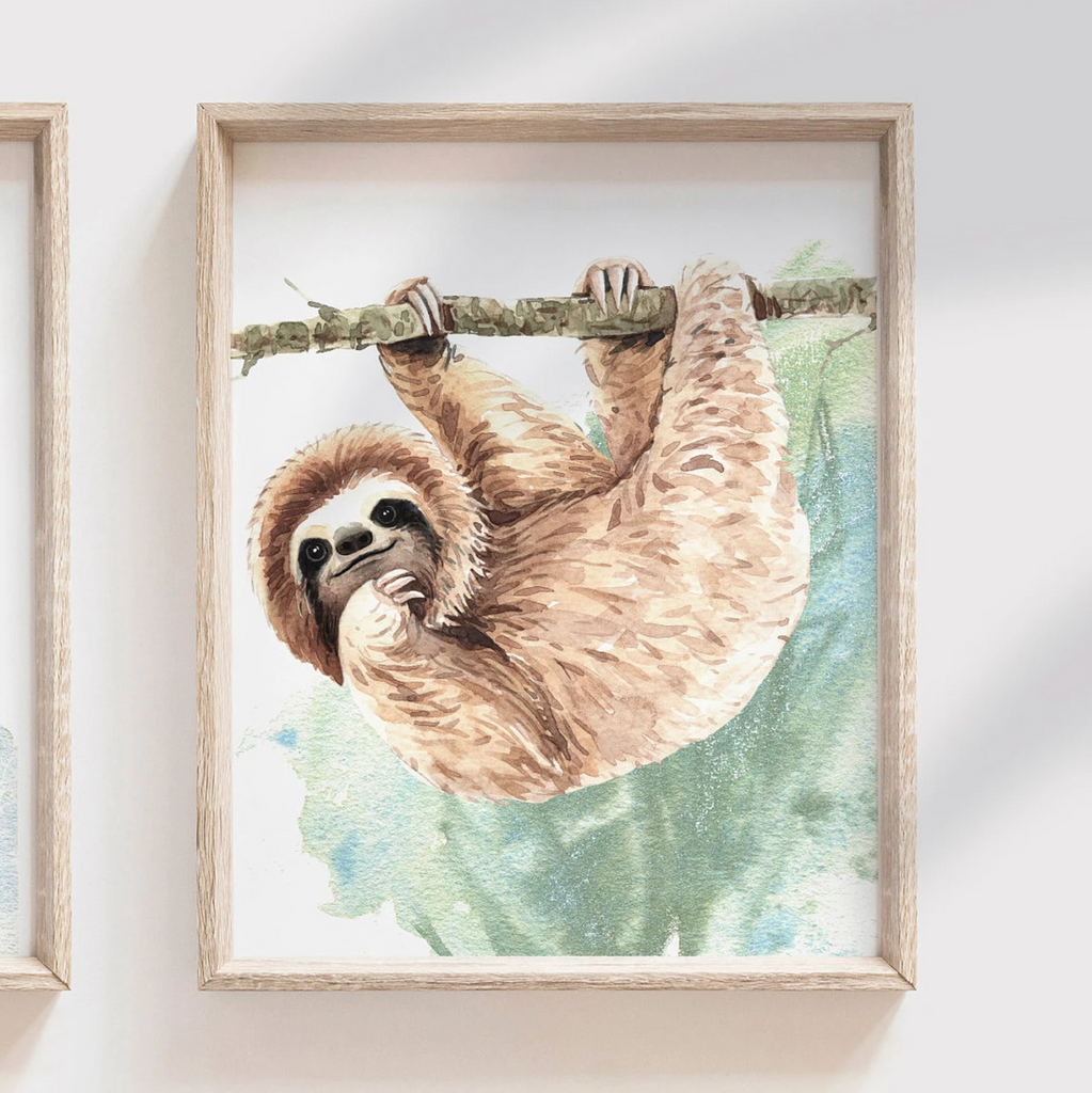 Boy bedroom or nursery gift sloth wall art, sloth themed room personalized name, boys nature animal bedroom art prints, sloth boy decor, wall art child decor