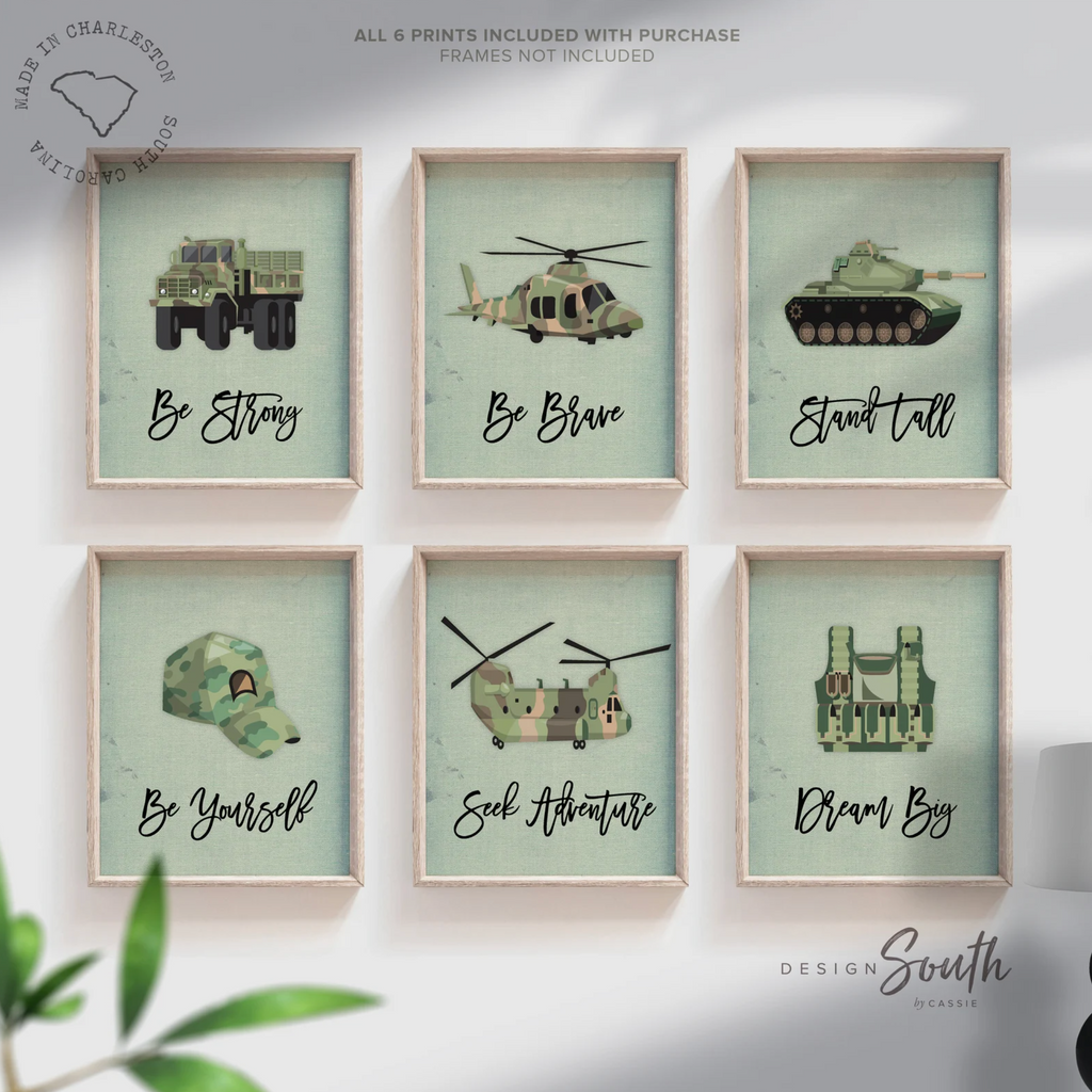 Kids olive drab army green armored vehicles transportation boys wall art, soldier military tank truck helicopter, boy bedroom wall art print decor army marine troop, playroom army