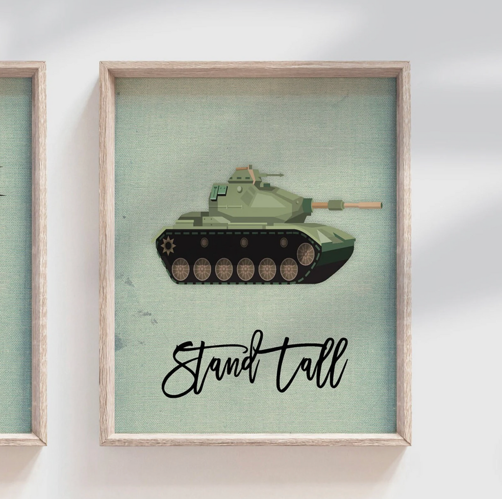 Kids olive drab army green armored vehicles transportation boys wall art, soldier military tank truck helicopter, boy bedroom wall art print decor army marine troop, playroom army