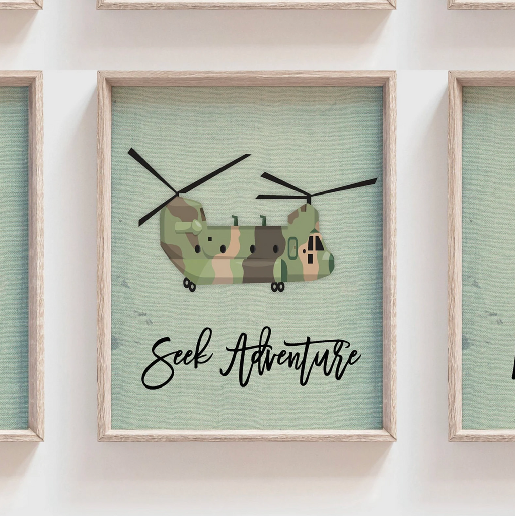 Kids olive drab army green armored vehicles transportation boys wall art, soldier military tank truck helicopter, boy bedroom wall art print decor army marine troop, playroom army