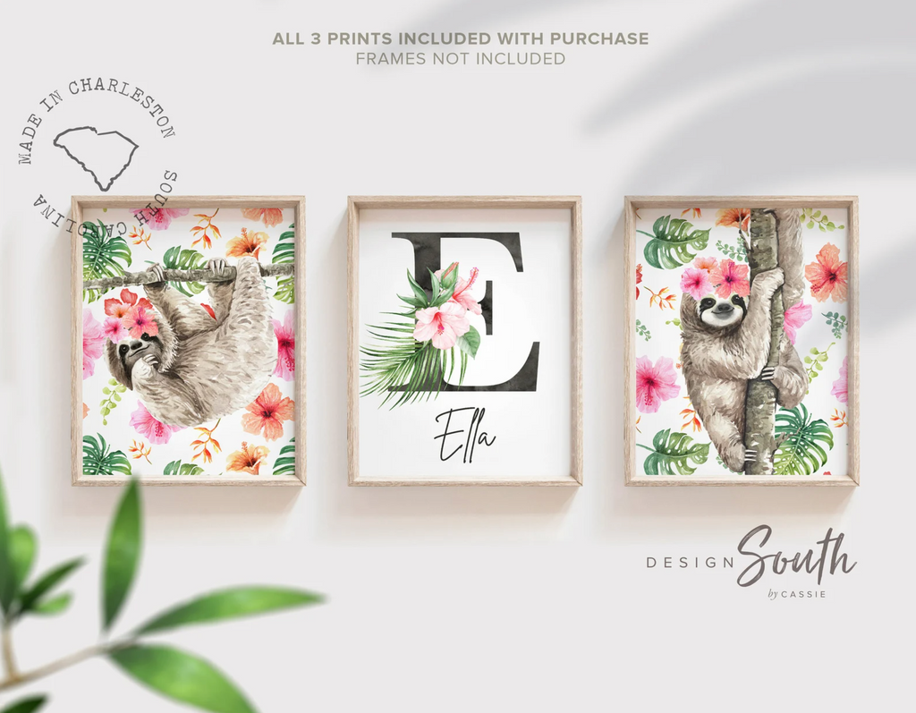 Floral tropical flower pattern nursery, sloth themed baby stuff with pink flowers, trendy gift baby shower girl, little girl bedroom wall decor tropical, baby animal theme art