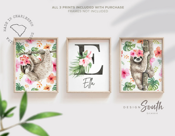 Floral tropical flower pattern nursery, sloth themed baby stuff with pink flowers, trendy gift baby shower girl, little girl bedroom wall decor tropical, baby animal theme art