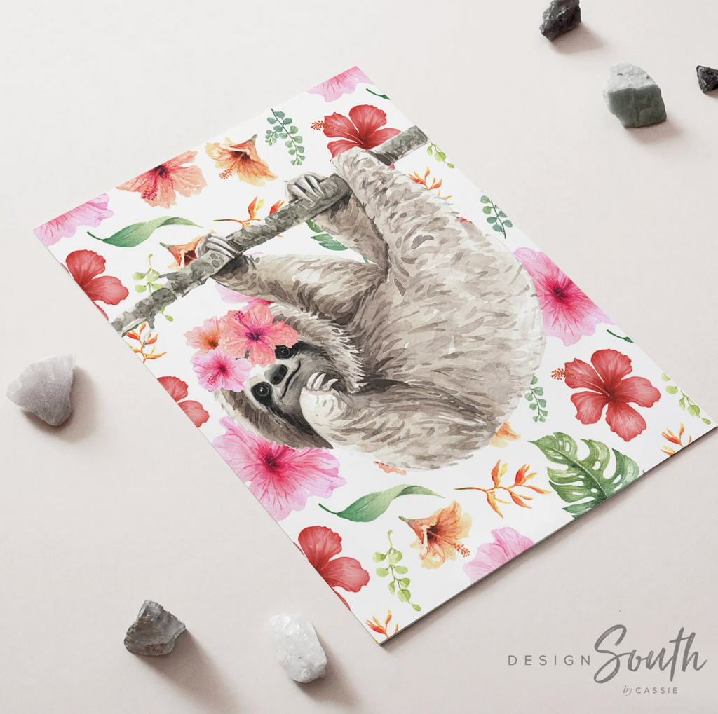 Floral tropical flower pattern nursery, sloth themed baby stuff with pink flowers, trendy gift baby shower girl, little girl bedroom wall decor tropical, baby animal theme art