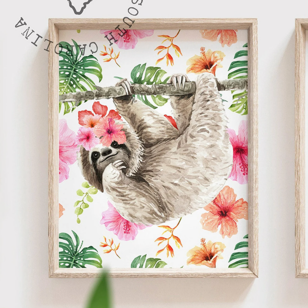 Floral tropical flower pattern nursery, sloth themed baby stuff with pink flowers, trendy gift baby shower girl, little girl bedroom wall decor tropical, baby animal theme art
