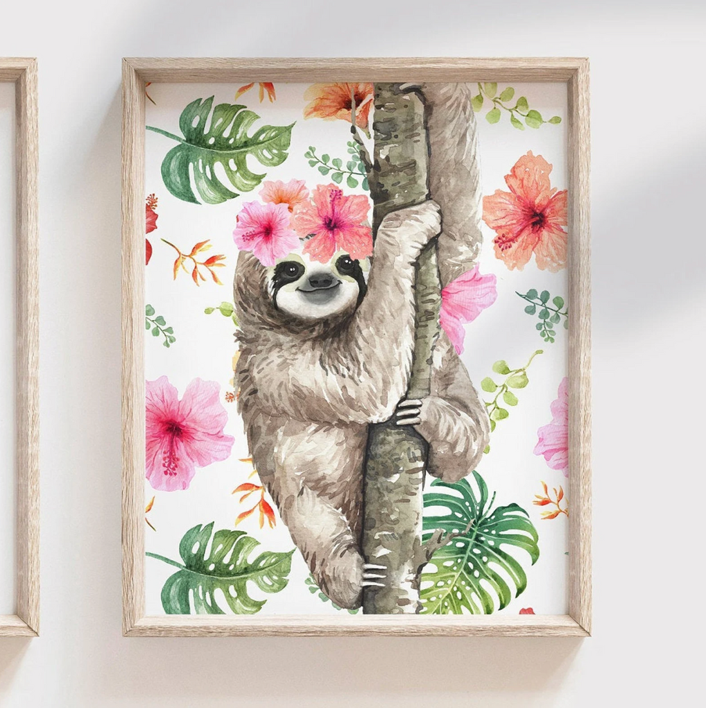 Floral tropical flower pattern nursery, sloth themed baby stuff with pink flowers, trendy gift baby shower girl, little girl bedroom wall decor tropical, baby animal theme art