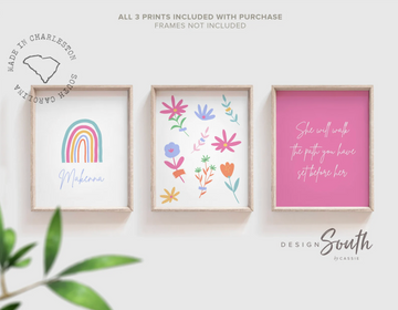 Bright multicolored floral wall art, garden themed art print set for girl's bedroom or nursery, pink garden baby art, garden flower room art