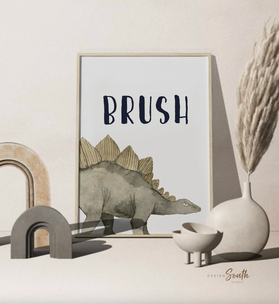 Boy neutral gray tan bathroom dinosaur themed, dinosaur kids bathroom, wash brush flush, boys bathroom prints, boys dinosaur bathroom decor