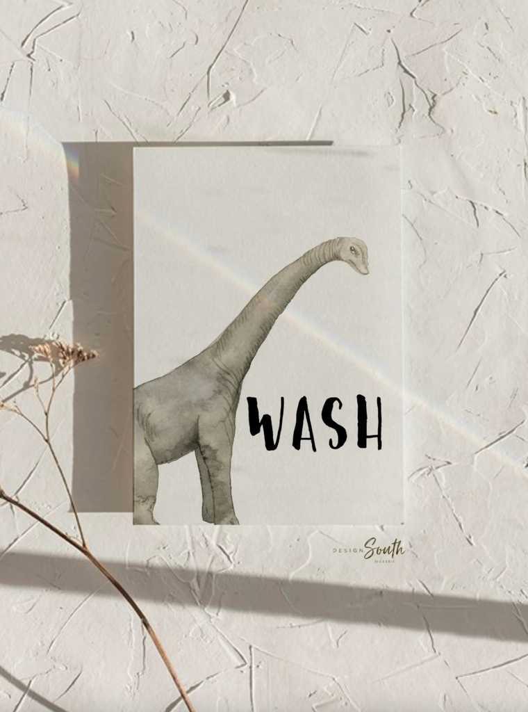 Boy neutral gray tan bathroom dinosaur themed, dinosaur kids bathroom, wash brush flush, boys bathroom prints, boys dinosaur bathroom decor