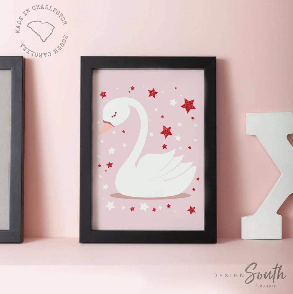 Pink and red retro baby wall decor, pink red baby girl nursery art, pink red wall art girl nursery, wall decor for girls nursery, pink swans