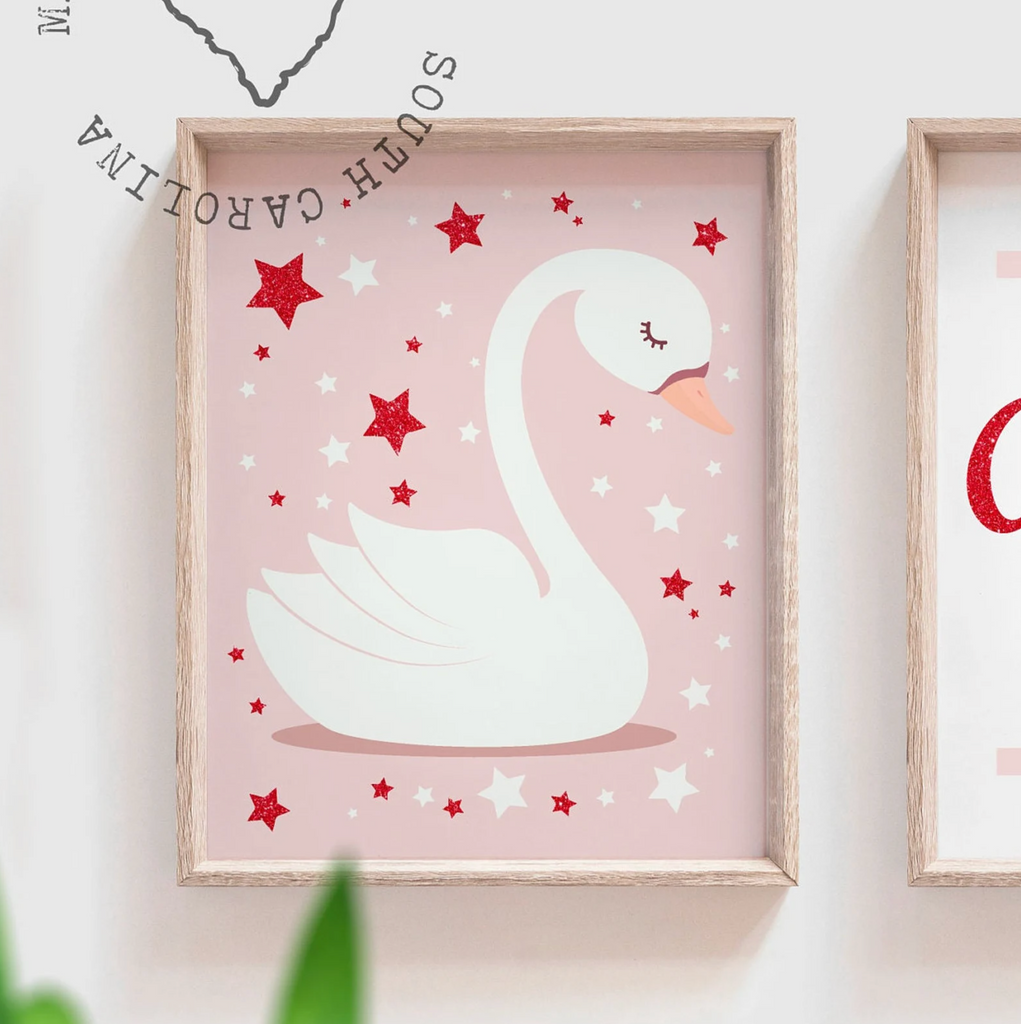 Pink and red retro baby wall decor, pink red baby girl nursery art, pink red wall art girl nursery, wall decor for girls nursery, pink swans