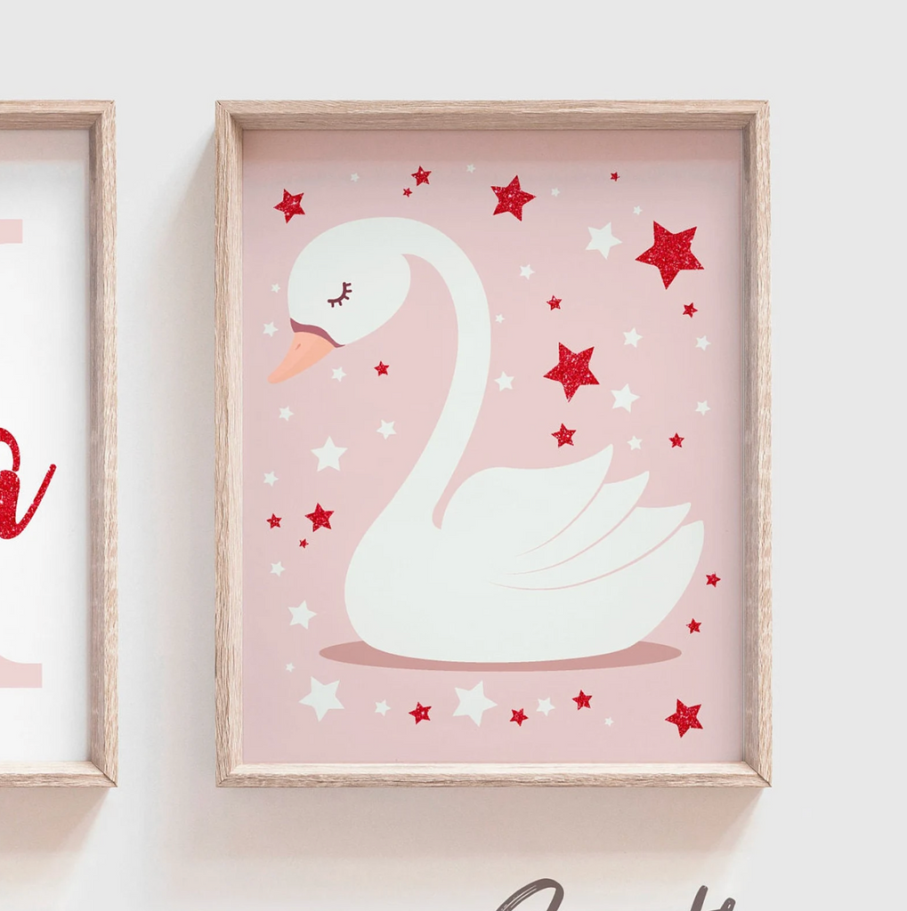 Pink and red retro baby wall decor, pink red baby girl nursery art, pink red wall art girl nursery, wall decor for girls nursery, pink swans