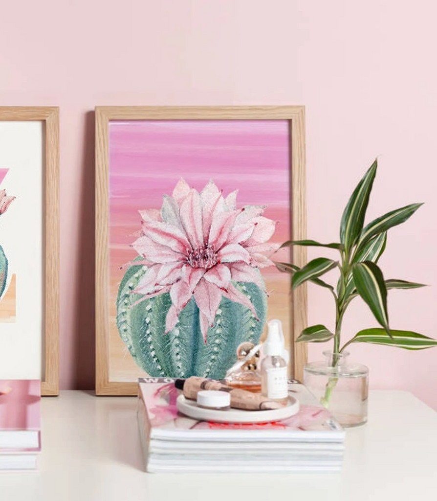 Summer palm desert tropical nursery kid, chic desert cactus baby room, pink orange desert themed room, girls name initial cactus blooms art