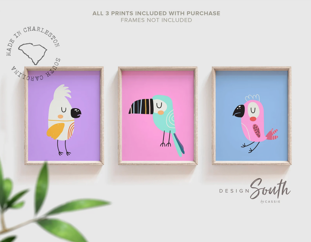 Pastel kid art, baby tropical themed room, tropical bird art, modern trendy pastel art set of 3, toucan bird print, nursery pink blue purple