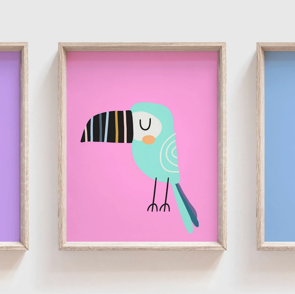 Pastel kid art, baby tropical themed room, tropical bird art, modern trendy pastel art set of 3, toucan bird print, nursery pink blue purple