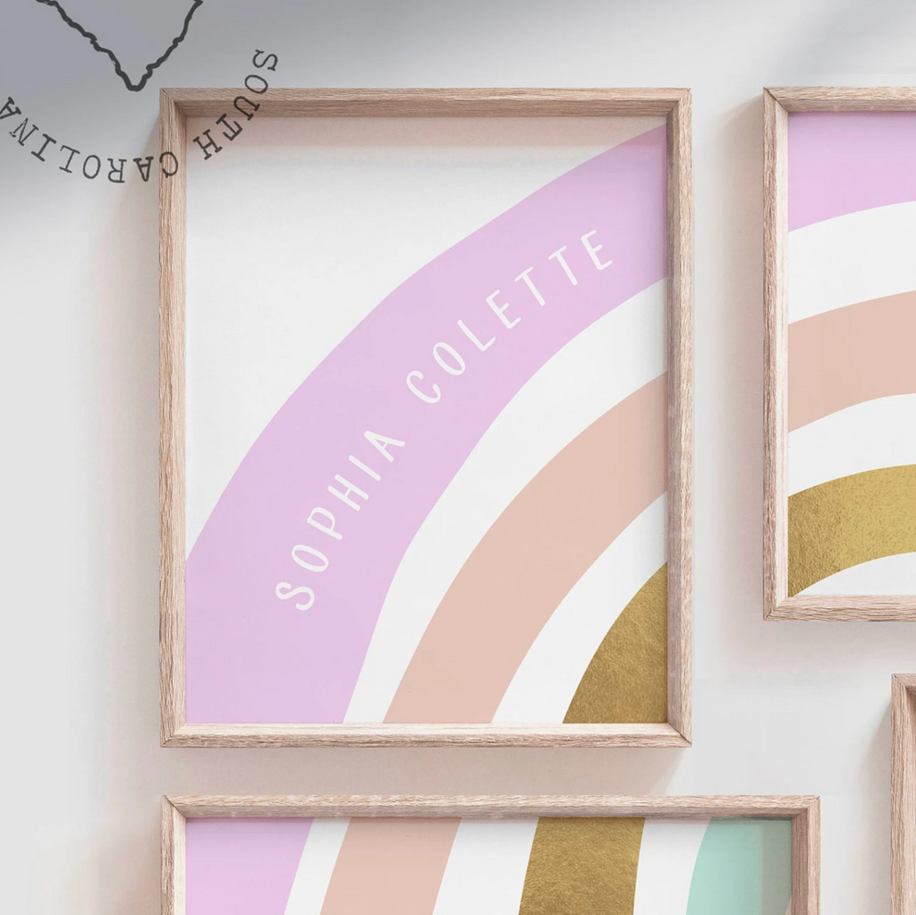 Gold rainbow baby, girl's name sign heart rainbow gold, modern baby room decor, gold foil rainbow print, elegant rainbow prints foil wall