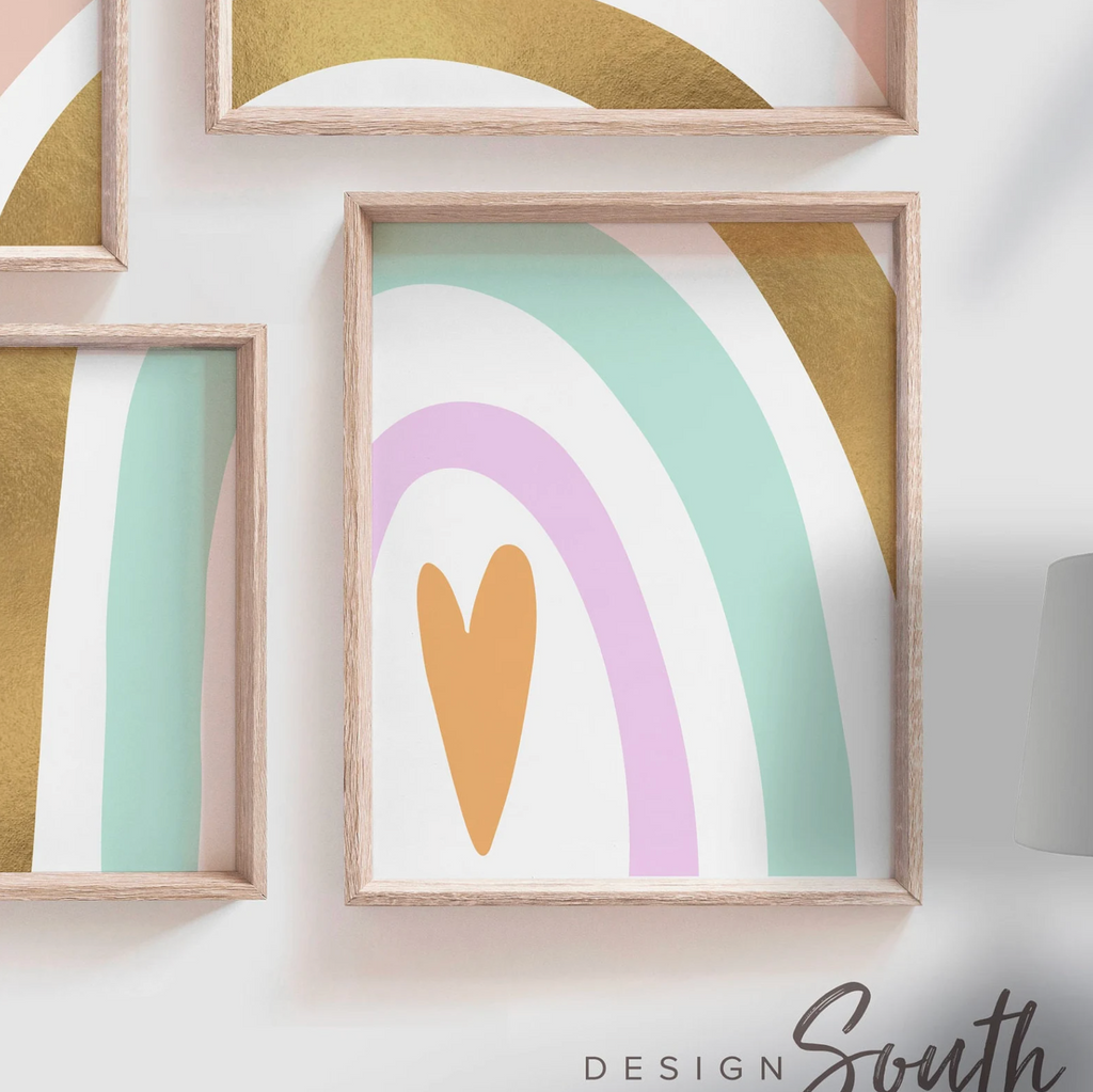 Gold rainbow baby, girl's name sign heart rainbow gold, modern baby room decor, gold foil rainbow print, elegant rainbow prints foil wall