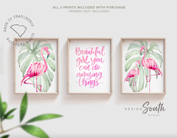 Pink flamingo girl room art, hot pink and green tropical bedroom prints, flamingos with pink watercolor and leaves, beautiful quote for girl