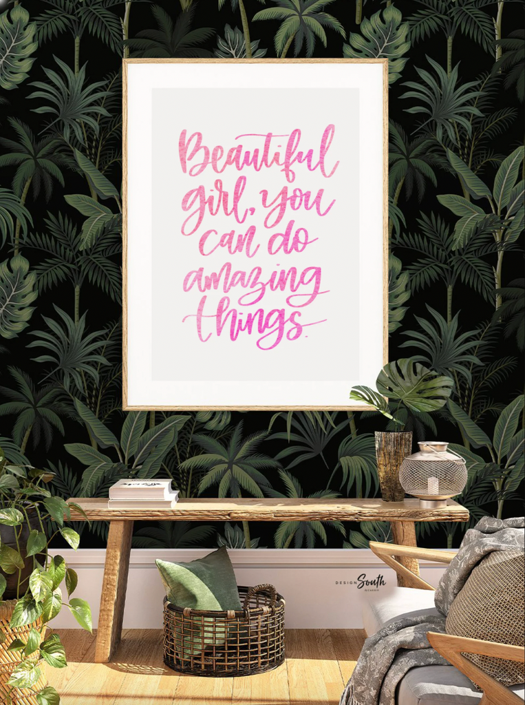 Pink flamingo girl room art, hot pink and green tropical bedroom prints, flamingos with pink watercolor and leaves, beautiful quote for girl