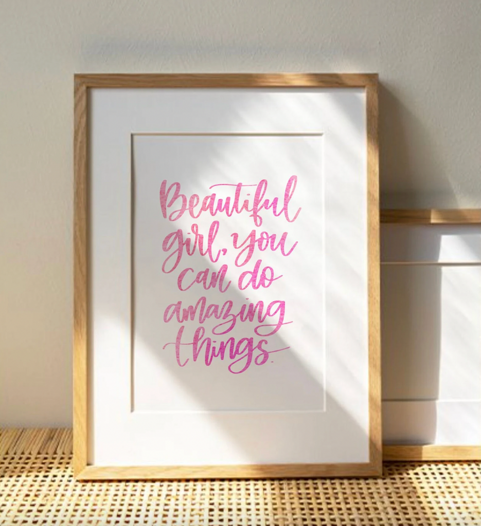 Pink flamingo girl room art, hot pink and green tropical bedroom prints, flamingos with pink watercolor and leaves, beautiful quote for girl