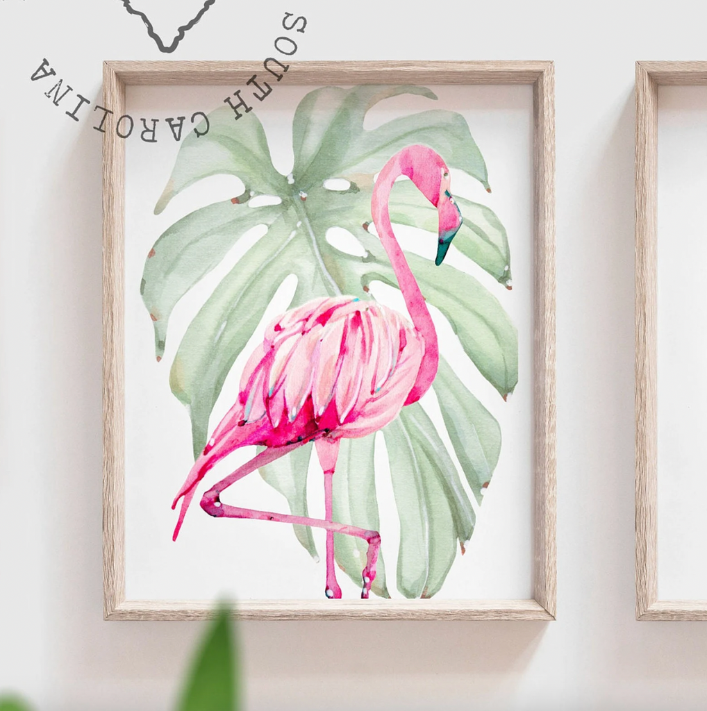 Pink flamingo girl room art, hot pink and green tropical bedroom prints, flamingos with pink watercolor and leaves, beautiful quote for girl