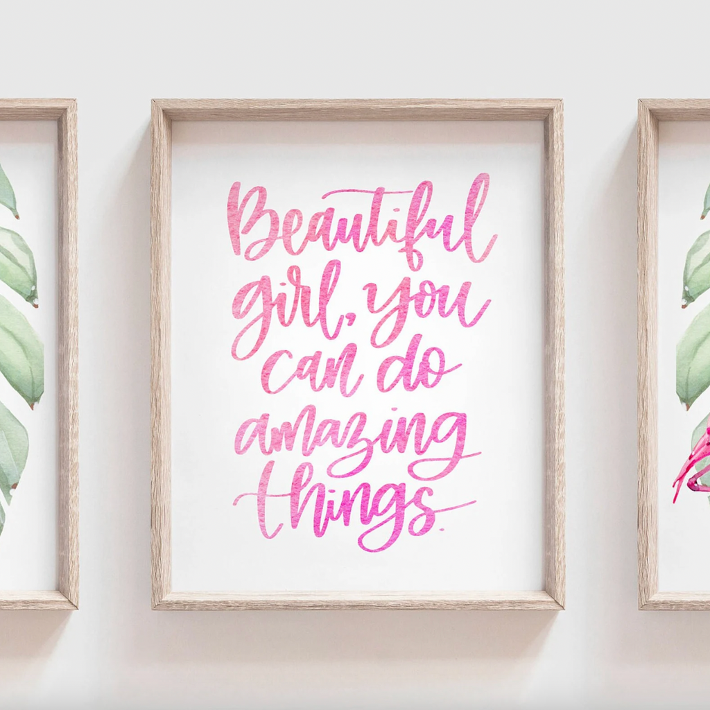 Pink flamingo girl room art, hot pink and green tropical bedroom prints, flamingos with pink watercolor and leaves, beautiful quote for girl