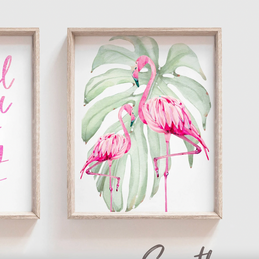 Pink flamingo girl room art, hot pink and green tropical bedroom prints, flamingos with pink watercolor and leaves, beautiful quote for girl