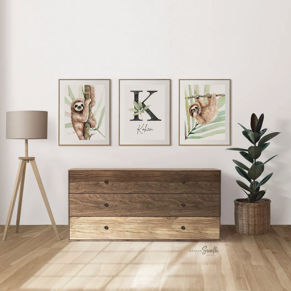 Sloth wall art set, sloth themed baby nursery, sloth nursery ideas, sloth tropical rainforest room decor, sloth boy monogram, toddler sloths