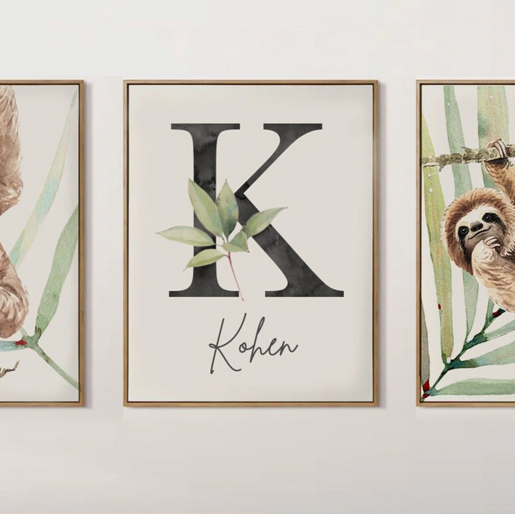 Sloth wall art set, sloth themed baby nursery, sloth nursery ideas, sloth tropical rainforest room decor, sloth boy monogram, toddler sloths