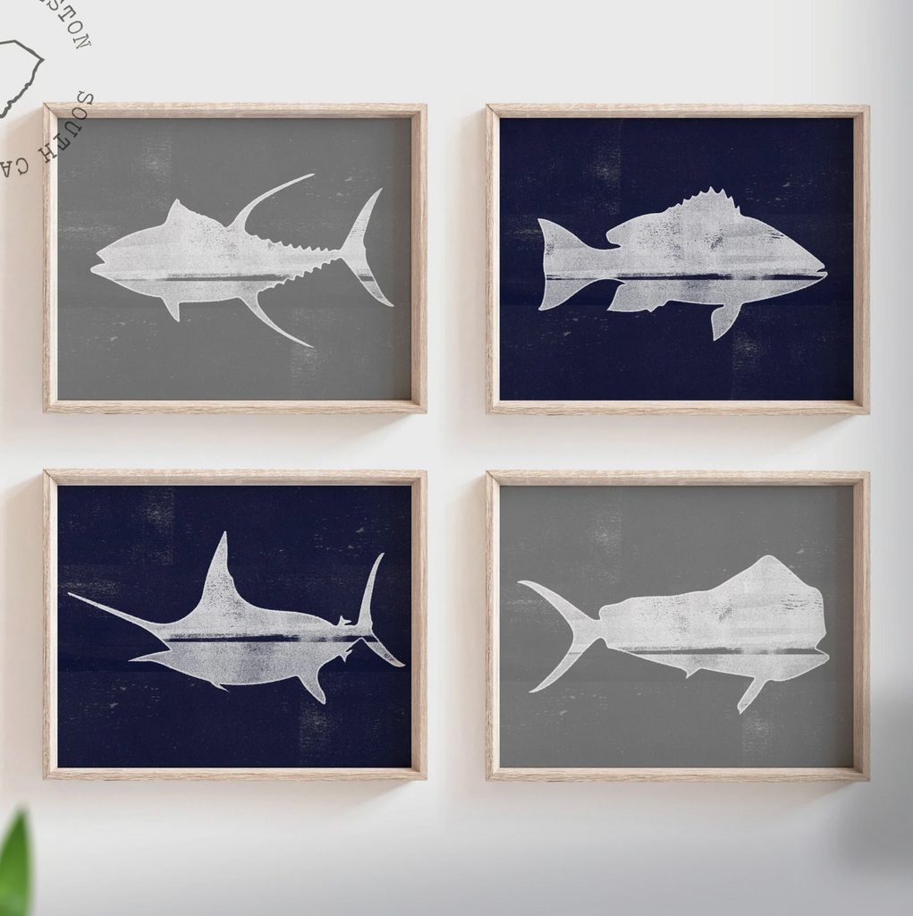 Fish navy blue gray, offshore fishing art, boys saltwater fish art, marlin nursery, boys fishing theme, fish nursery art, marlin fish decor