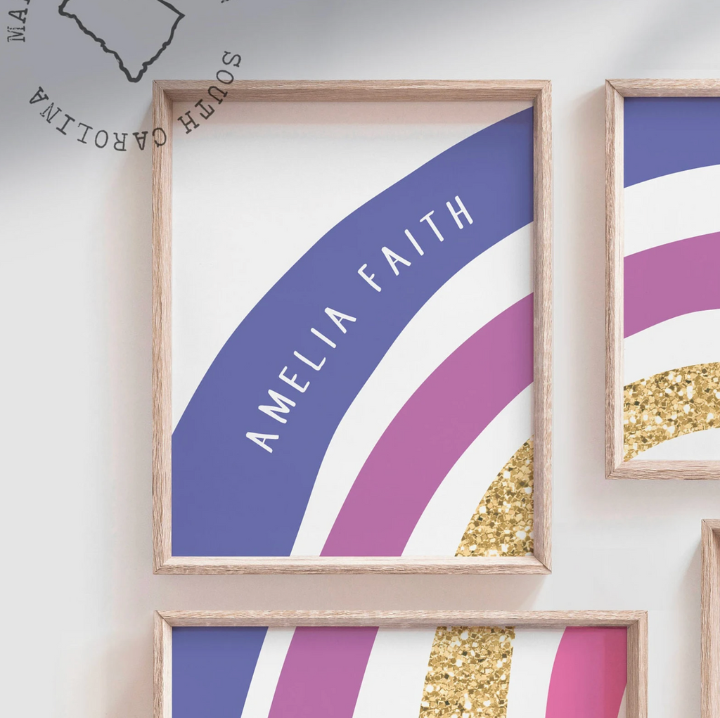 Girl rainbow art, little girl's name signs rainbow themed room, rainbow wall art for playroom bedroom nursery,  pink purple and gold decor