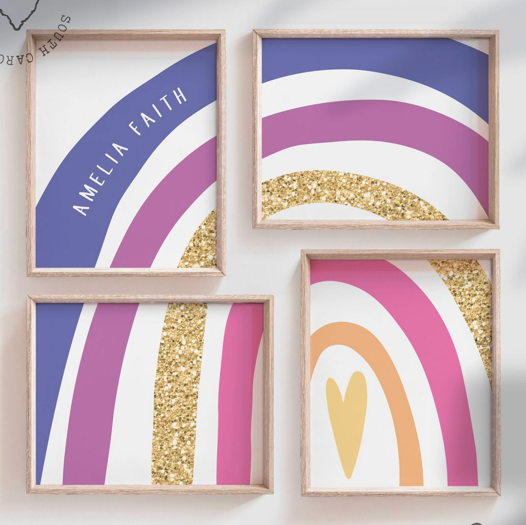 Girl rainbow art, little girl's name signs rainbow themed room, rainbow wall art for playroom bedroom nursery,  pink purple and gold decor