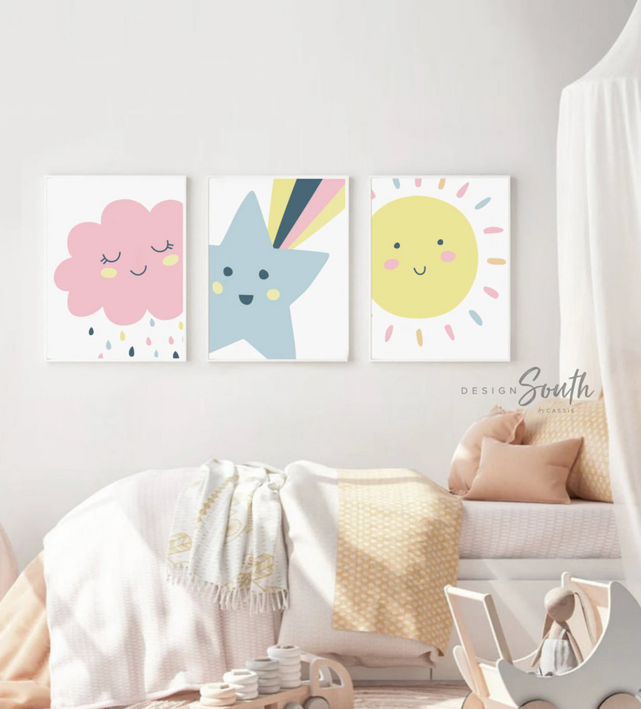 Trendy pastel nursery, shooting star wall art, nursery kids bedroom decor star cloud sun, neutral pastel newborn, sunshine nursery print set