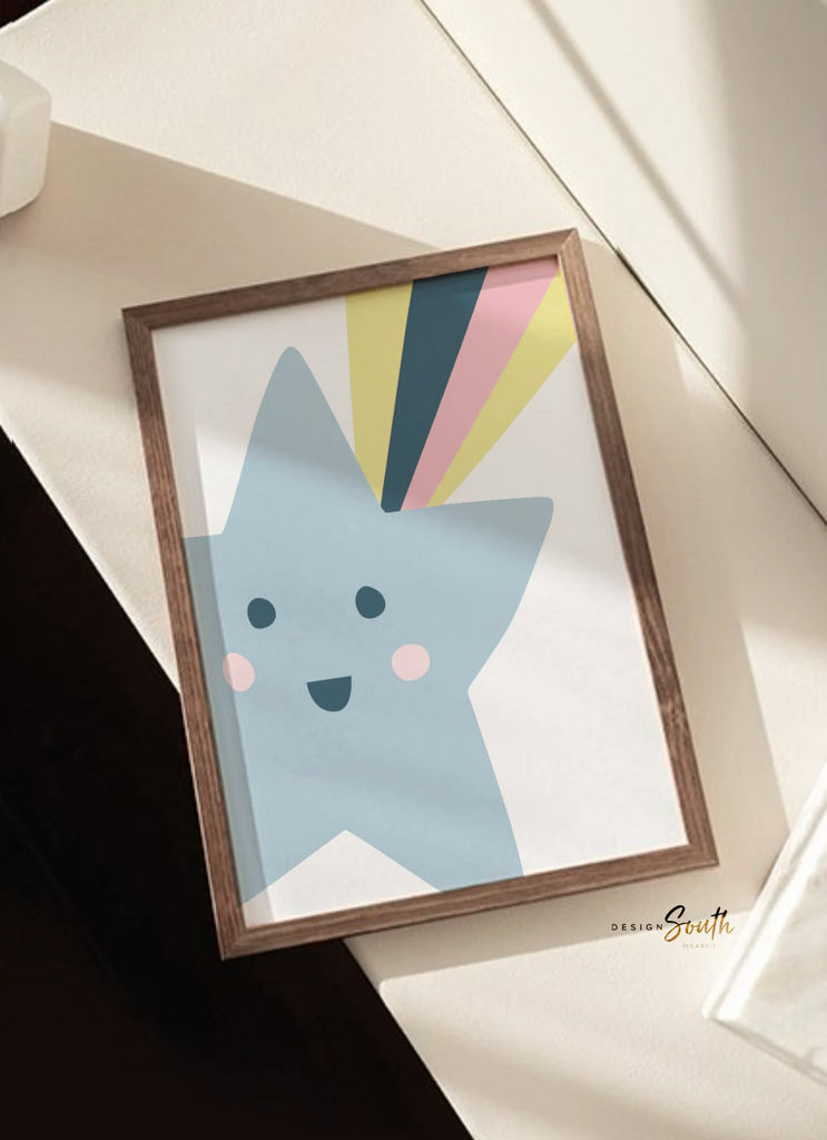 Trendy pastel nursery, shooting star wall art, nursery kids bedroom decor star cloud sun, neutral pastel newborn, sunshine nursery print set