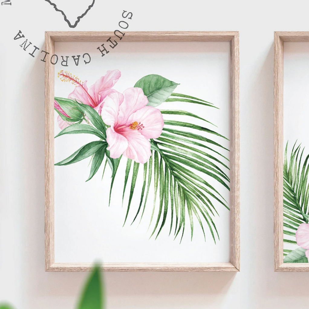 Welcome to my crib sign tropical hibiscus flower, modern art print set floral nursery, newborn girl tropical decor above crib art idea palms