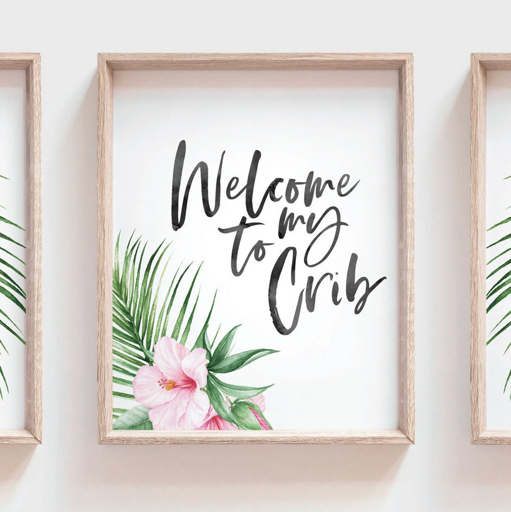 Welcome to my crib sign tropical hibiscus flower, modern art print set floral nursery, newborn girl tropical decor above crib art idea palms