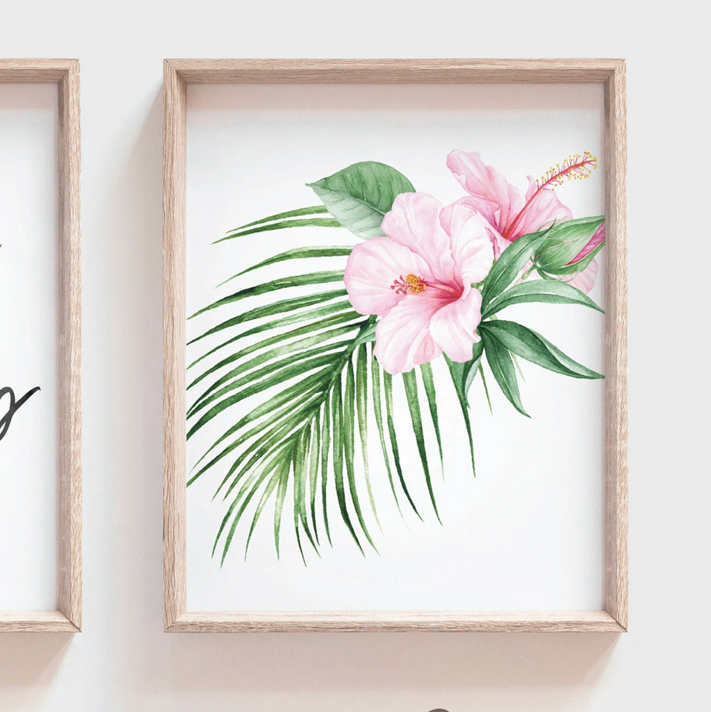 Welcome to my crib sign tropical hibiscus flower, modern art print set floral nursery, newborn girl tropical decor above crib art idea palms