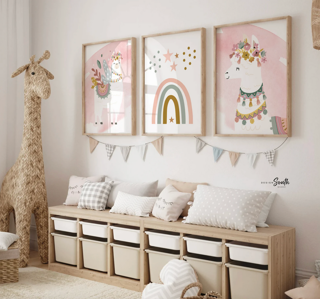 Boho nursery decor, boho nursery wall art idea, print set llama mauve pink succulents, llama themed baby room, wall decor girl bedroom llama