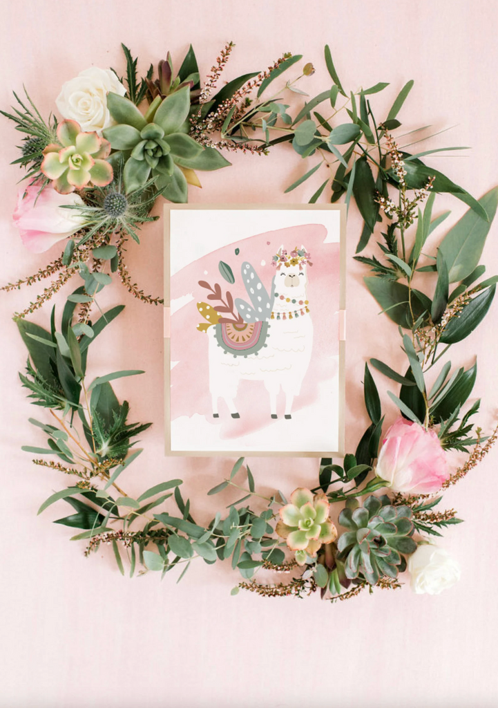 Boho nursery decor, boho nursery wall art idea, print set llama mauve pink succulents, llama themed baby room, wall decor girl bedroom llama