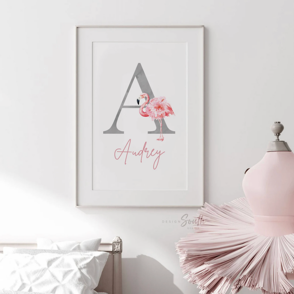Gray and pink nursery wall art prints, pink and gray nursery decor baby name personalized, flamingo girls name, custom girl sign tropical nursery themed
