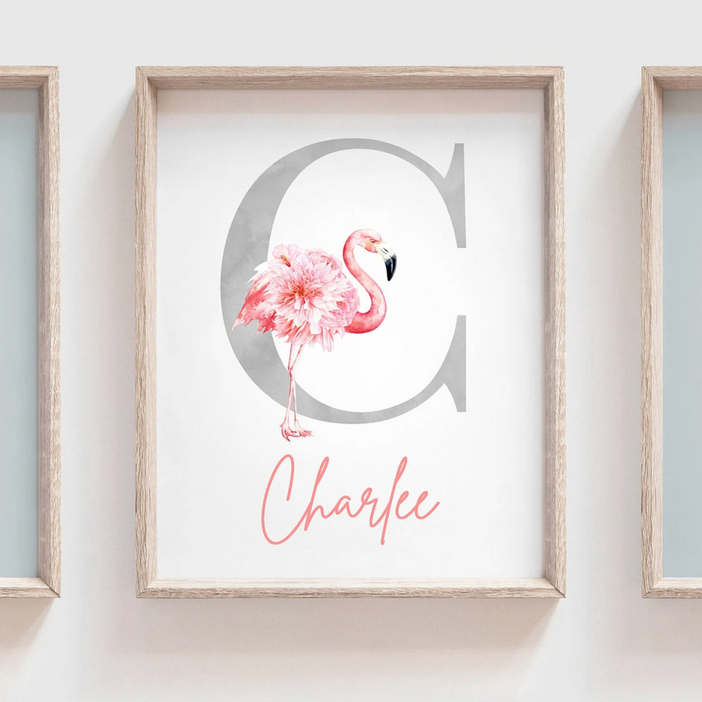 Gray and pink nursery wall art prints, pink and gray nursery decor baby name personalized, flamingo girls name, custom girl sign tropical nursery themed
