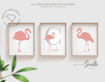 Rose gold glitter flamingo art, tropical prints rose gold, girl's pink glittery art, girl room decor pink glitter, personalized pink gray